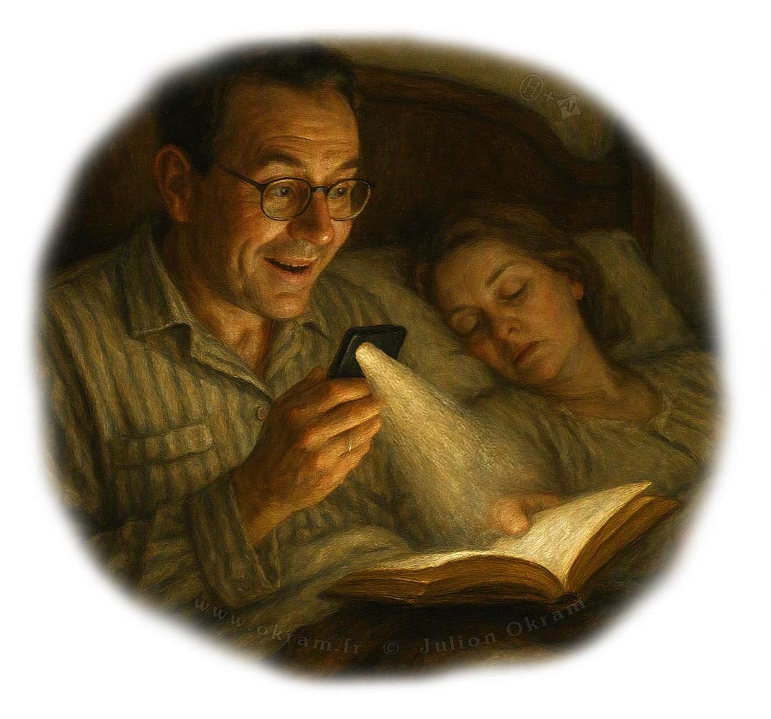 Julion Okram's irresistible page-turners: A husband is secretly reading a thrilling book next to his sleeping wife.