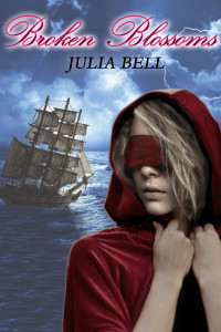 Young girl, blindfolded, with a ship at sea behind her.