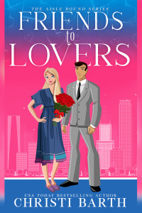 Cute couple in front of Chicago skyline, woman holding flowers