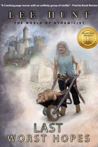 An old man pushed a wheelbarrow through a ruined city. A dirty and exhausted dog flops in the wheelbarrow.
