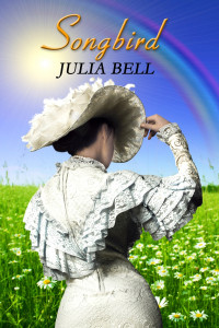 Edwardian woman holding hat and looking at a rainbow.