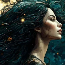 Dark haired women with a full moon behind her