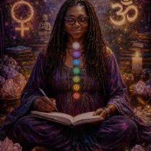 Image shows a woman sitting amongst crystals and candles with a Venus and an OM symbol highlighted behind her. A line of chakra are displayed in front of her.