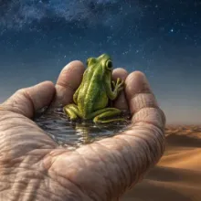 A frog in water held by a cupped human hand - A symbol of care and survival.