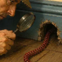 Julion Okram's Cozy Mysteries:  A detective is using a magnifying glass to peer into a mouse hole to which leads a telephone cable.