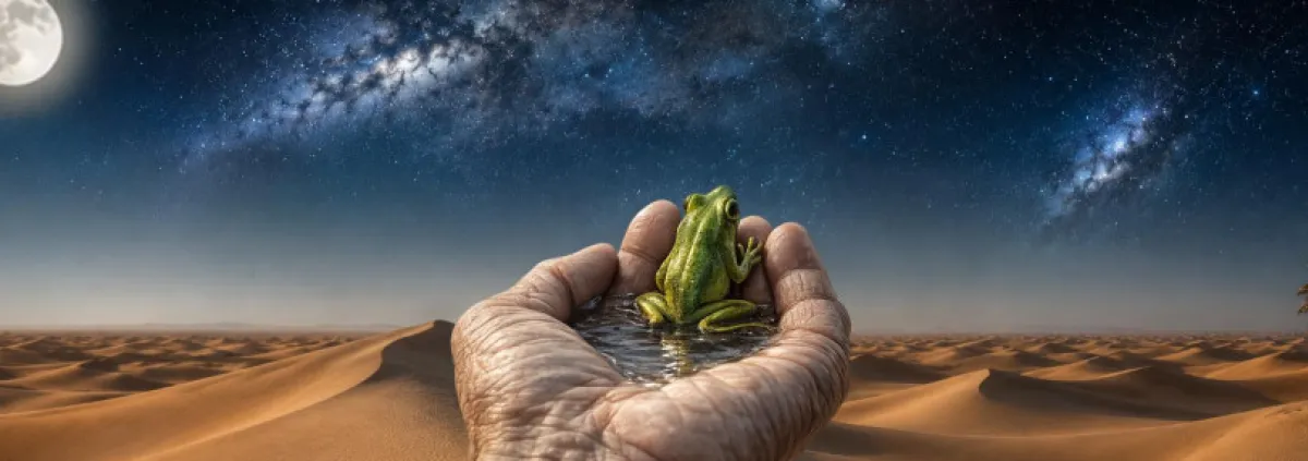A frog in water held by a cupped human hand - A symbol of care and survival.