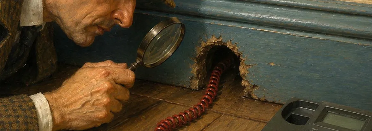 Julion Okram's Cozy Mysteries:  A detective is using a magnifying glass to peer into a mouse hole to which leads a telephone cable.