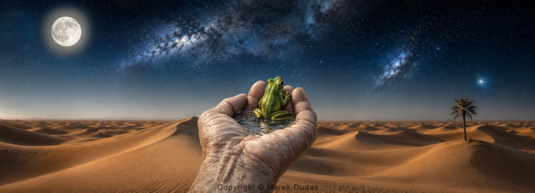 A frog in water held by a cupped human hand - A symbol of care and survival.