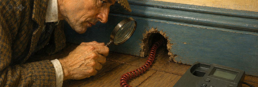 Julion Okram's Cozy Mysteries:  A detective is using a magnifying glass to peer into a mouse hole to which leads a telephone cable.